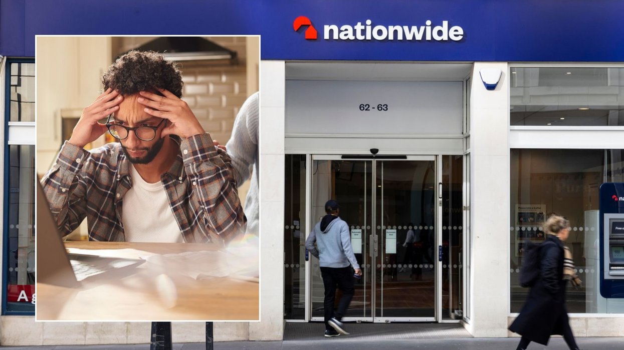Nationwide Building Society branch and young man looking worrid