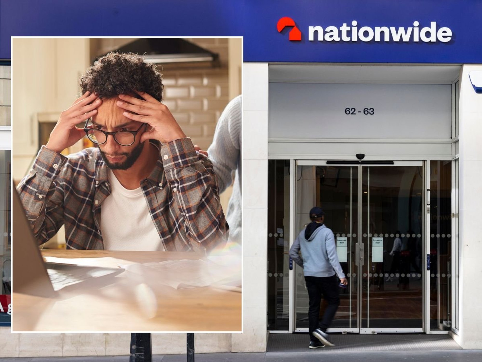 Nationwide Building Society branch and young man looking worrid