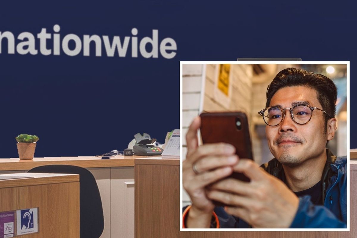 Nationwide Building Society logo and person using mobile app