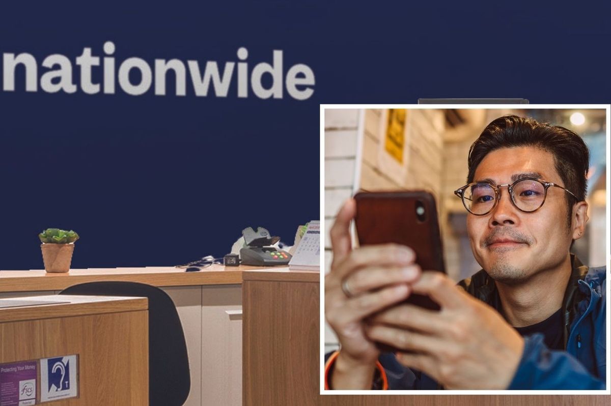 Nationwide Building Society logo and person using mobile app