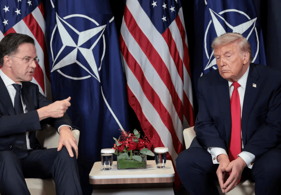 Nato secretary-general Mark Rutte, left, pictured with Donald Trump at Davos on Wednesday evening