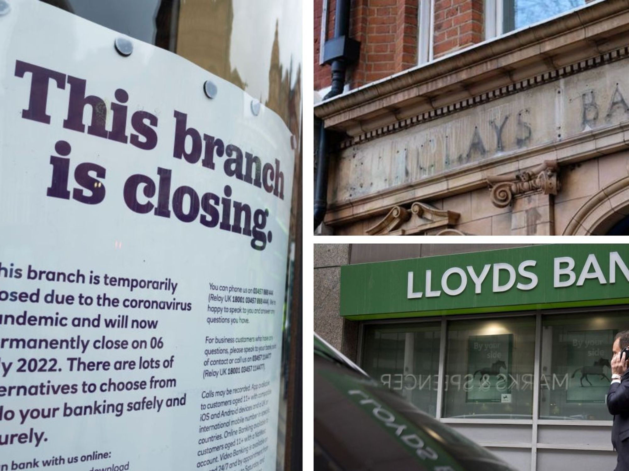 NatWest bank branch sign, abandoned Barclays bank and Lloyds Bank