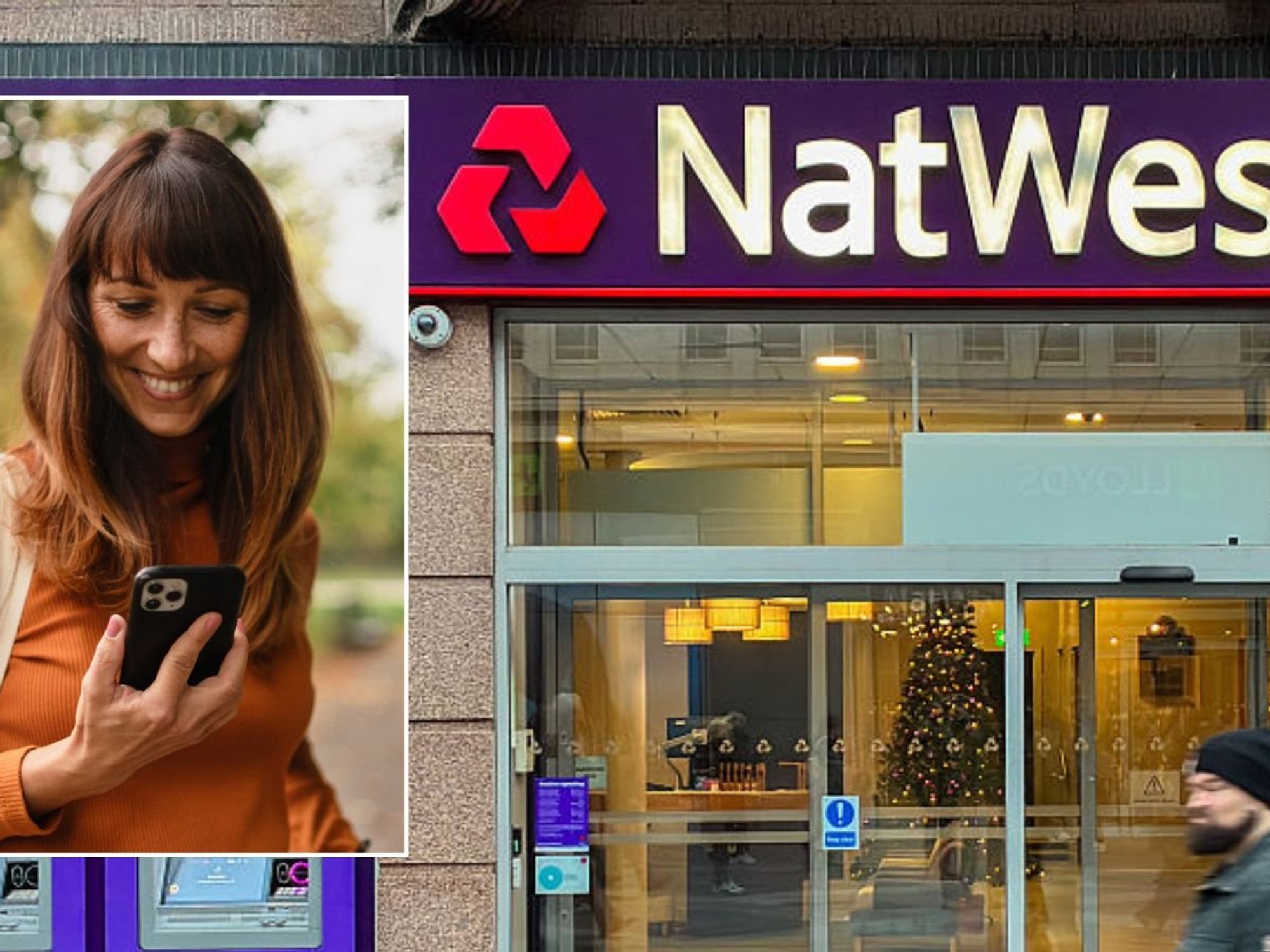 NatWest branch and woman on phone