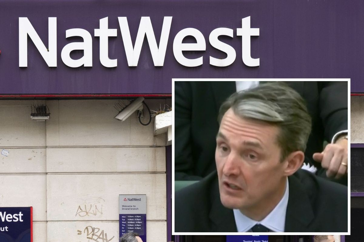 NatWest logo outside branch and CEO Paul Thwaite
