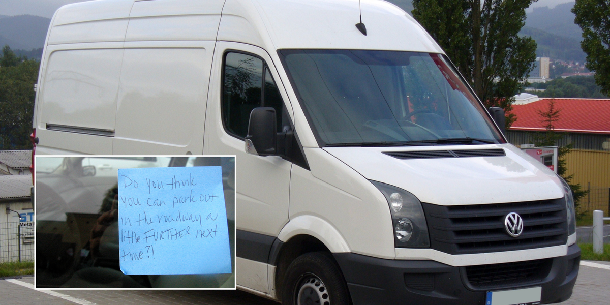 NextImg:'Just move house!' Neighbour row erupts as man's van plastered in 'passive aggressive' notes