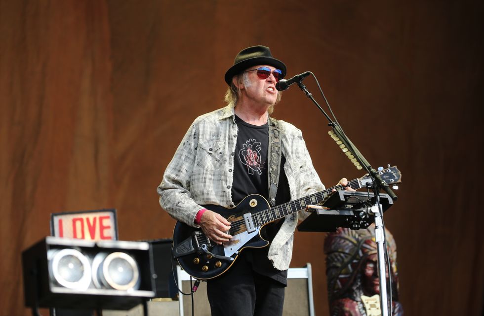 Neil Young performs during the British Summer Time festival at Hyde Park in London.