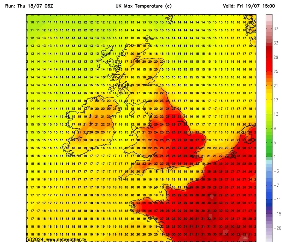 Netweather is forecasting mercury to hit as high as 29C in London, with much of the East of England seeing temperatures reach 28C