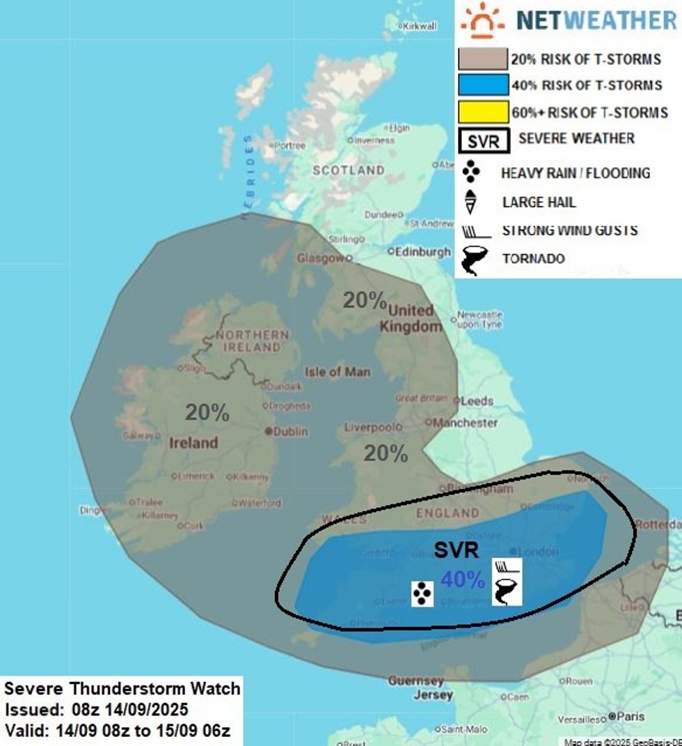 NetWeather map predicts the possibility of isolated tornadoes
