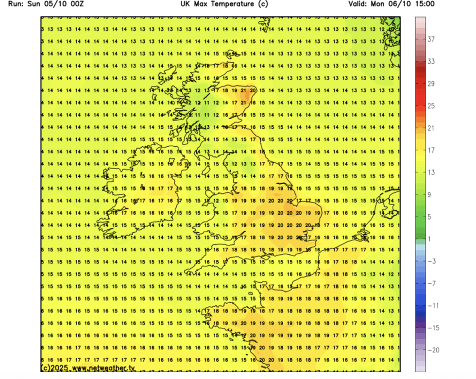 Netweather map shows temperatures could reach as high as 21C