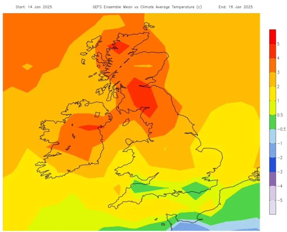 Netweather map shows temperatures to be milder than average for Northern Ireland, northern England and Scotland\u200b