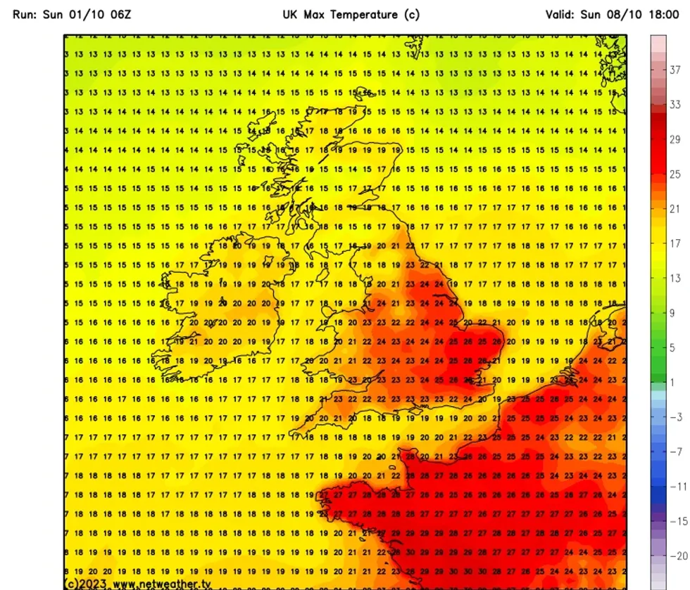 NetWeather's maximum temperature forecast for October 8