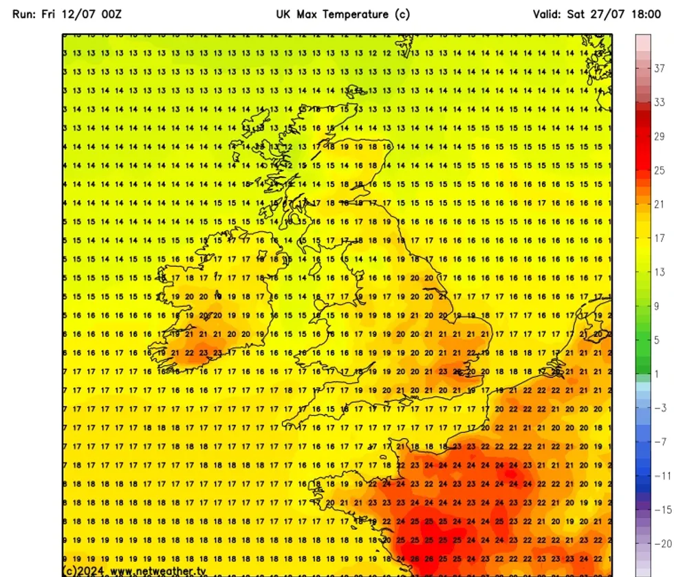 NetWeather's temperature forecast on July 27