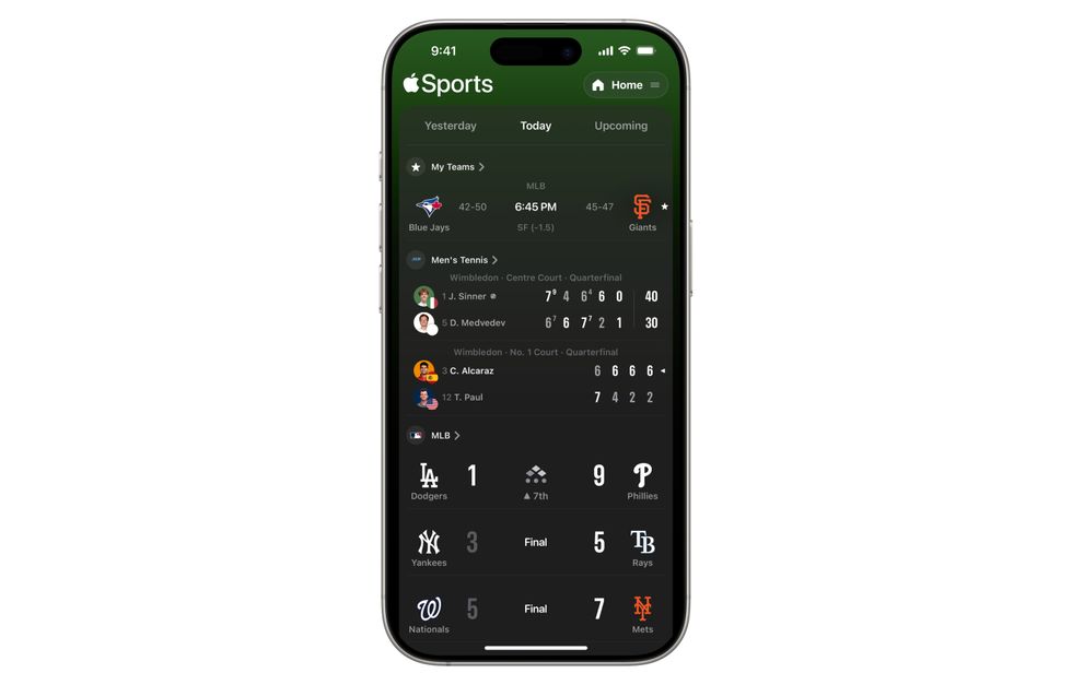 new homescreen experience when using apple sports in the UK with tennis