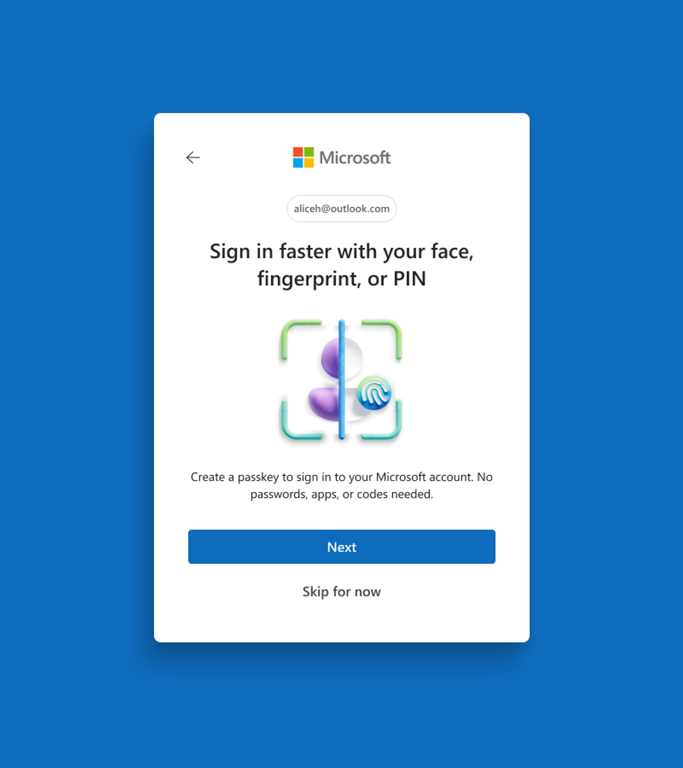 New login screen for MIcrosoft account promoting passkeys