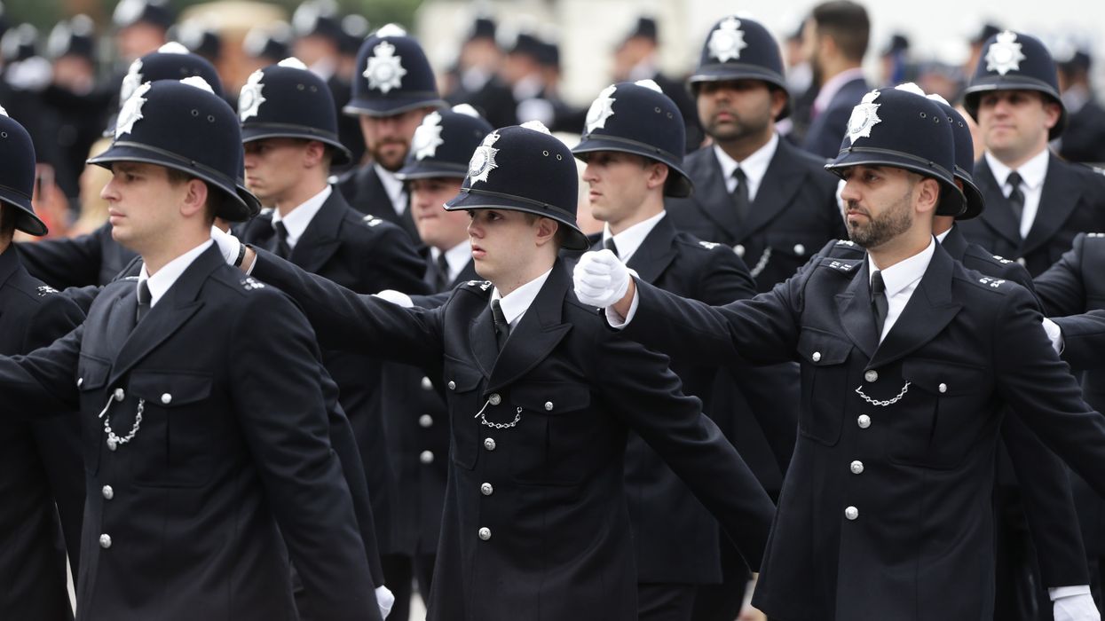 New recruits marching during the Metropolitan Police Service's first passing-out parade on the redeveloped grounds at the Peel Centre in Hendon