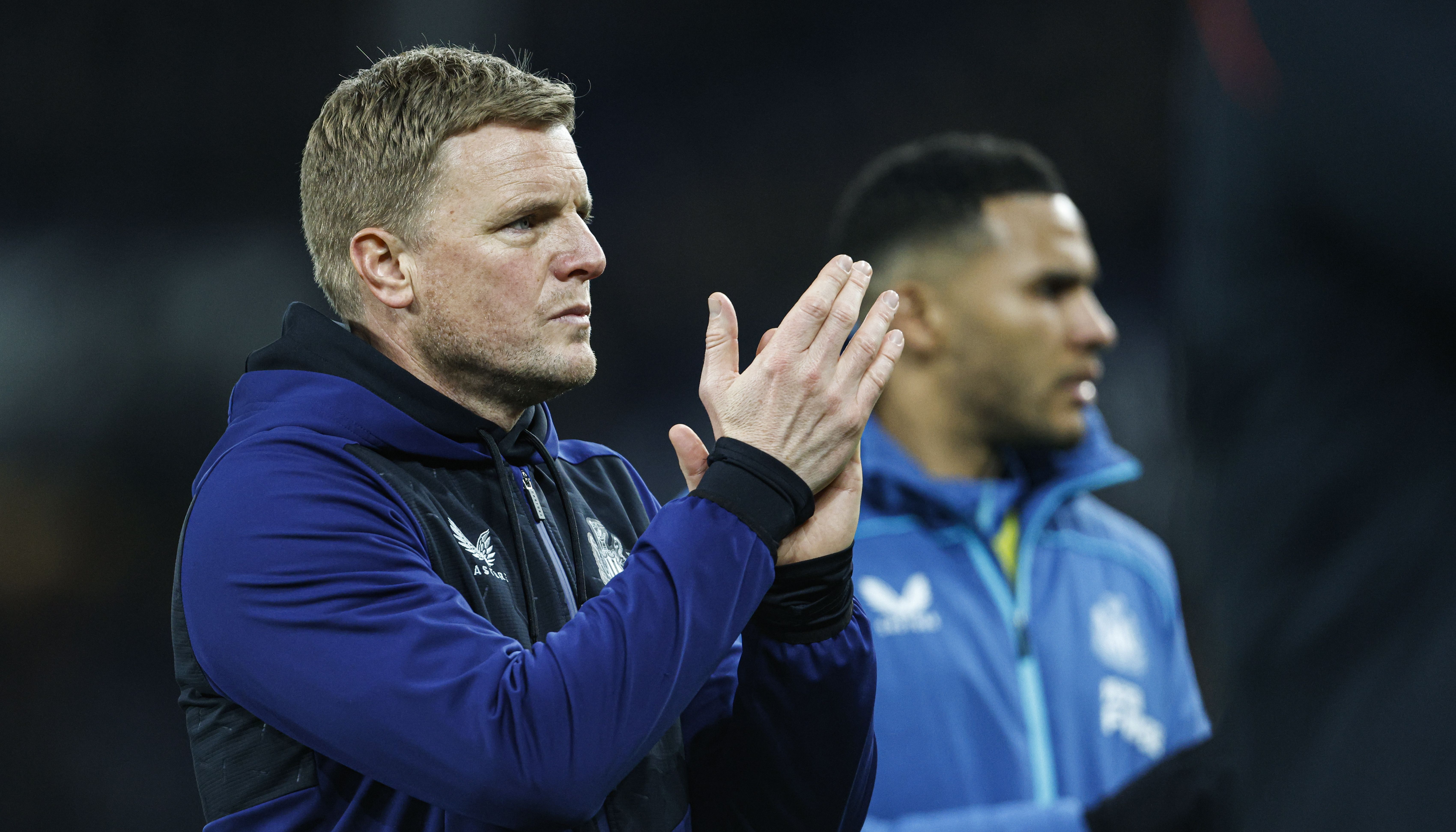Newcastle United manager Eddie Howe claps the away fans after the Premier League match at Goodison Park, Liverpool. Picture date: Thursday March 17, 2022.