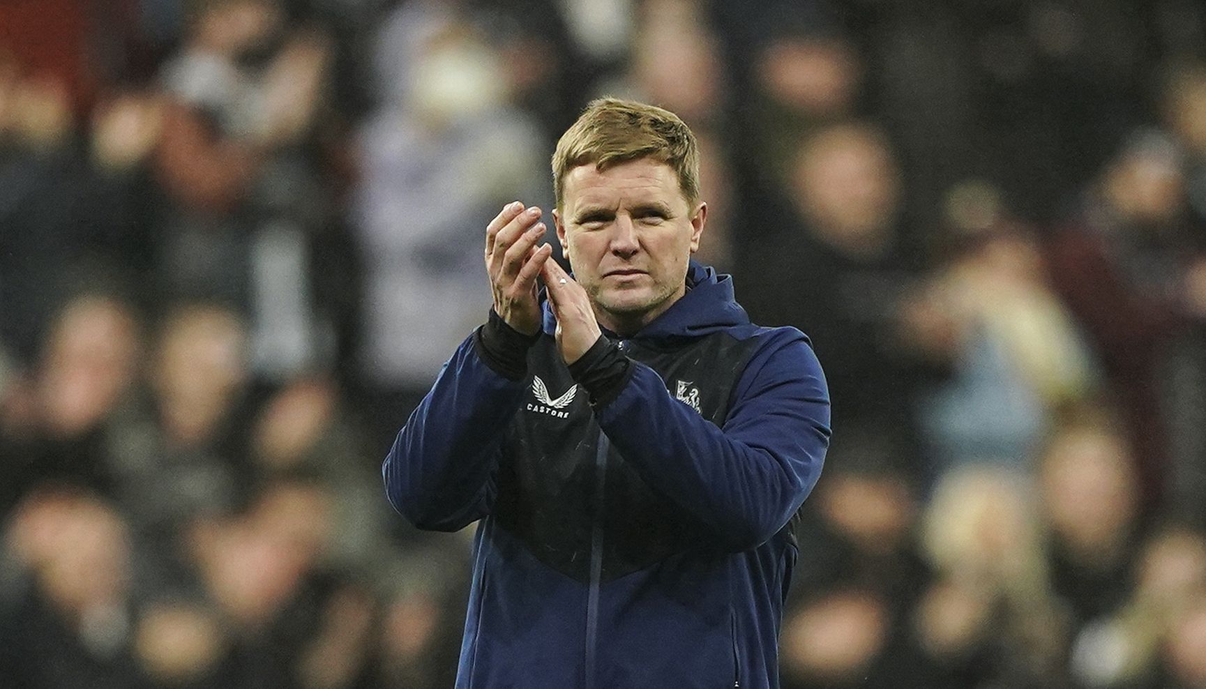 Newcastle United manager Eddie Howe claps the fans after the Premier League match at St. James' Park.