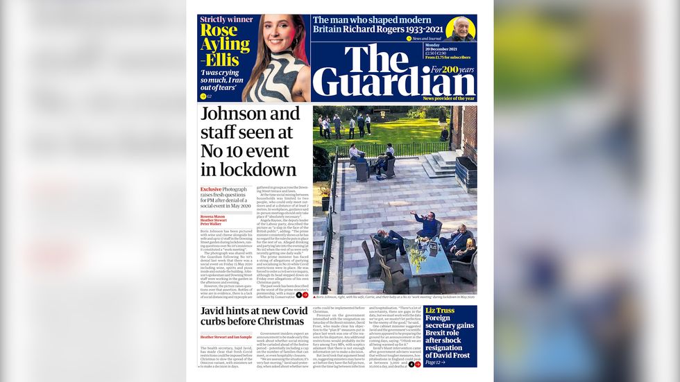 Newspaper front page photo showing Boris Johnson, his wife, and staff in the garden of No 10 during the first national lockdown.