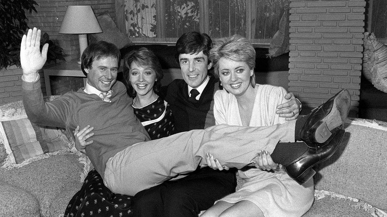 Nick Owen, Anne Diamon, John Stapleton, and Wincey Willis on the set of Good Morning Britain
