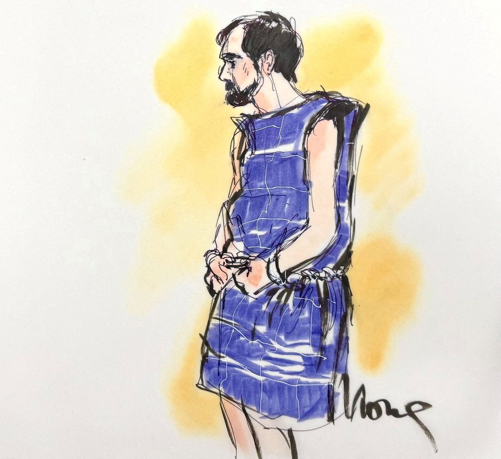 Nick Reiner, wearing a blue protective vest, makes his first court appearance on murder charges for the killing of his parents