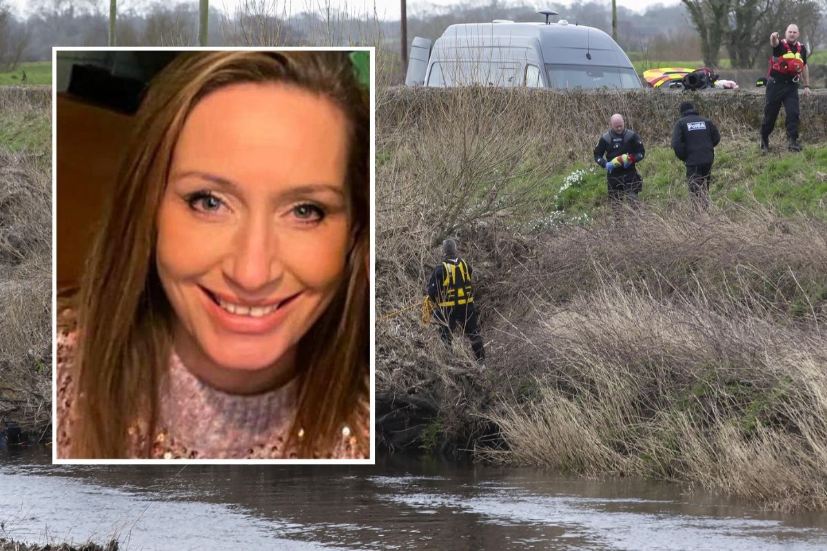 Nicola Bulley inset, and police searching the river Wyre