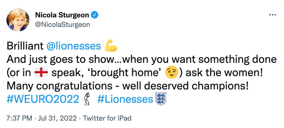 Nicola Sturgeon congratulated England's Lionesses on Twitter