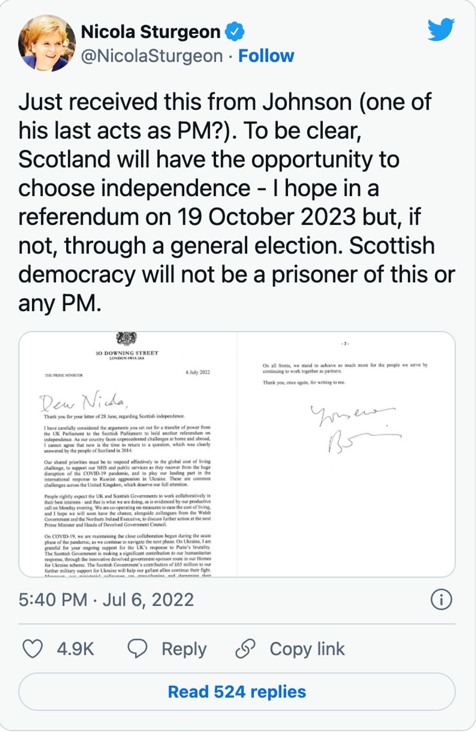 Nicola Sturgeon shared the letter
