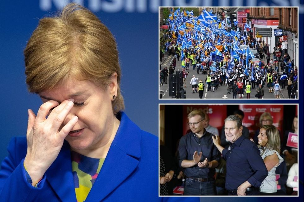 Nicola Sturgeon with an inset of pro-independence supporters and Keir Starmer celebrating his by-election victory