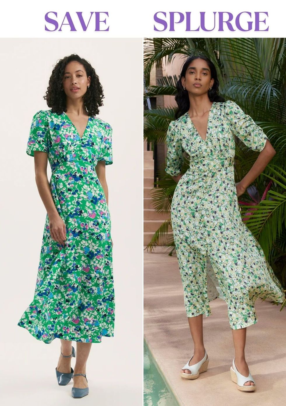 Nieve Green Floral Crepe Midi Tea Dress | Finery / Ennerdale V Neck Midi Dress | Hobbs