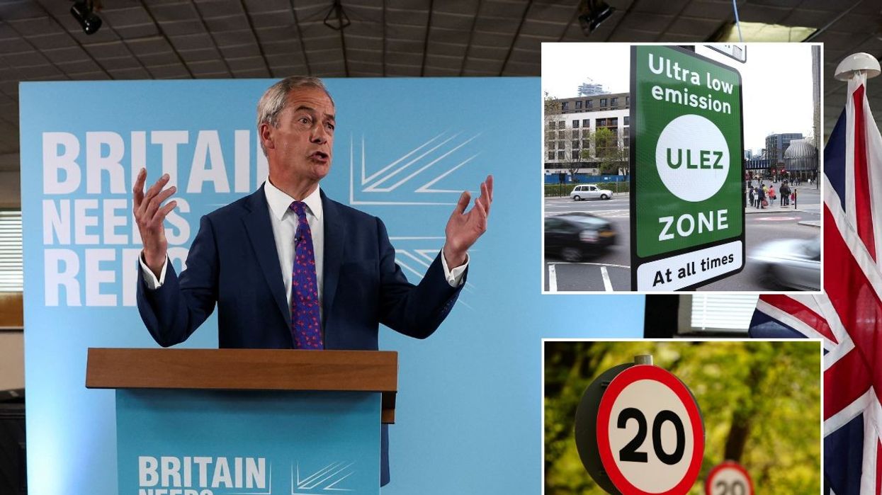 Nigel Farage, a Ulez sign and a 20mph speed limit sign