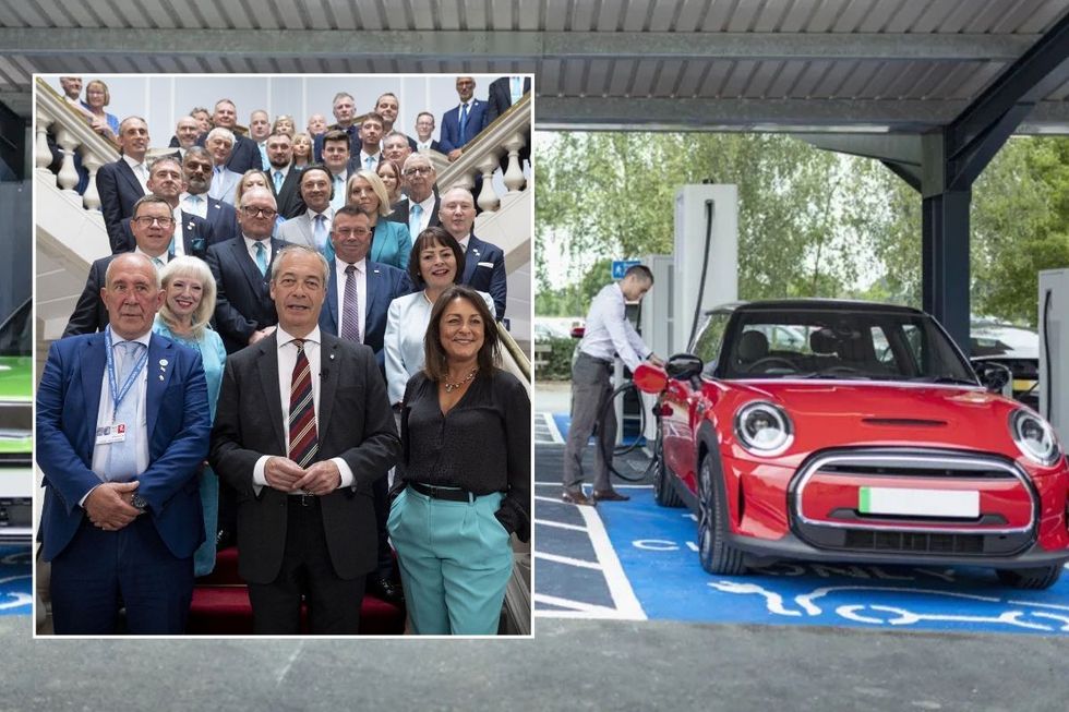 Nigel Farage and Reform UK councillors in Kent, and a man charging an electric car