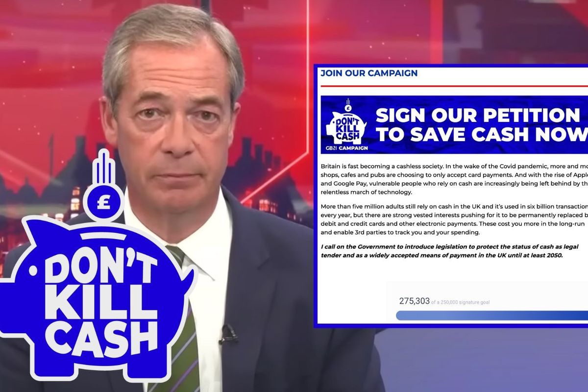 Nigel Farage and the Don't Kill Cash logo