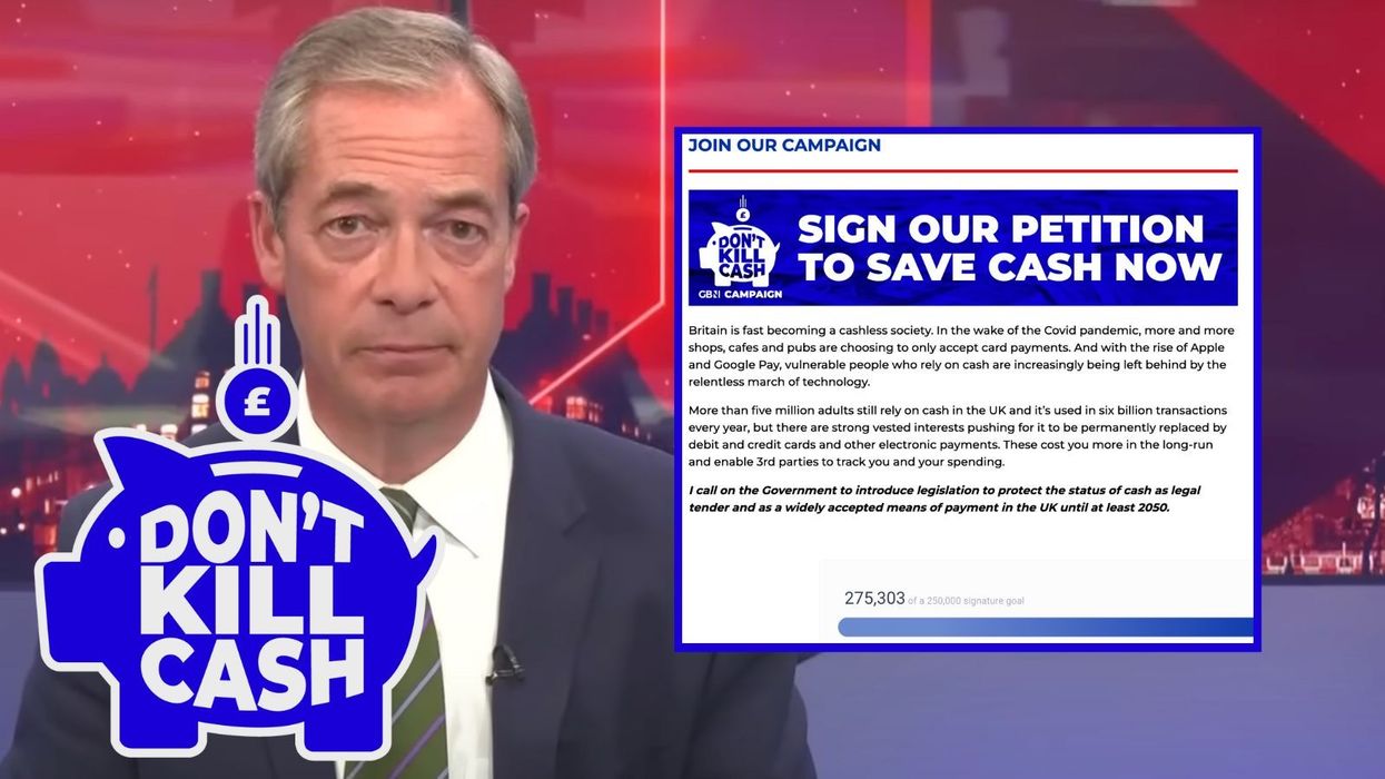 Nigel Farage and the Don't Kill Cash logo