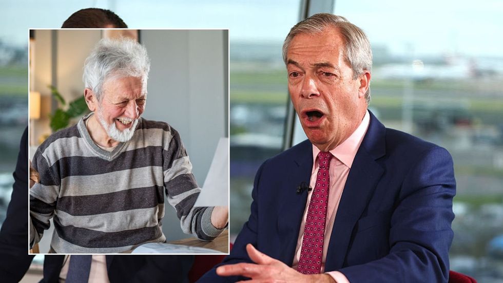 Nigel Farage at event and happy pensioner