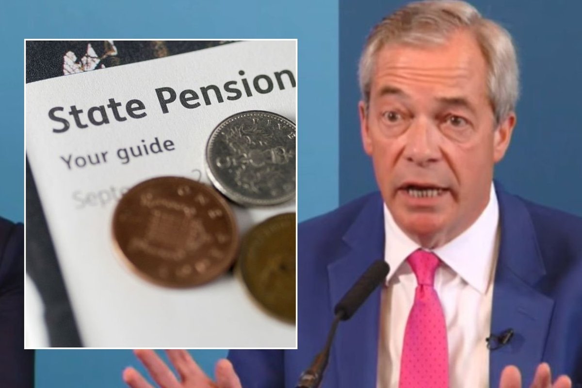 Nigel Farage at event and state pension pamphlet