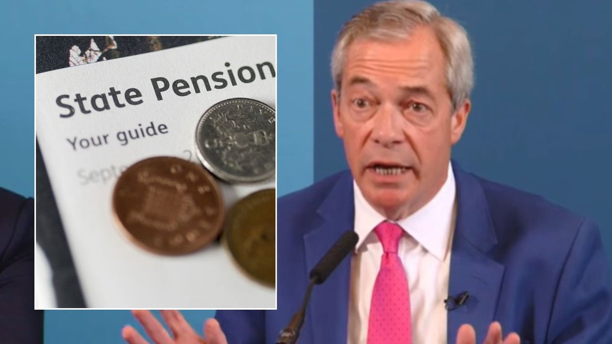 Nigel Farage at event and state pension pamphlet