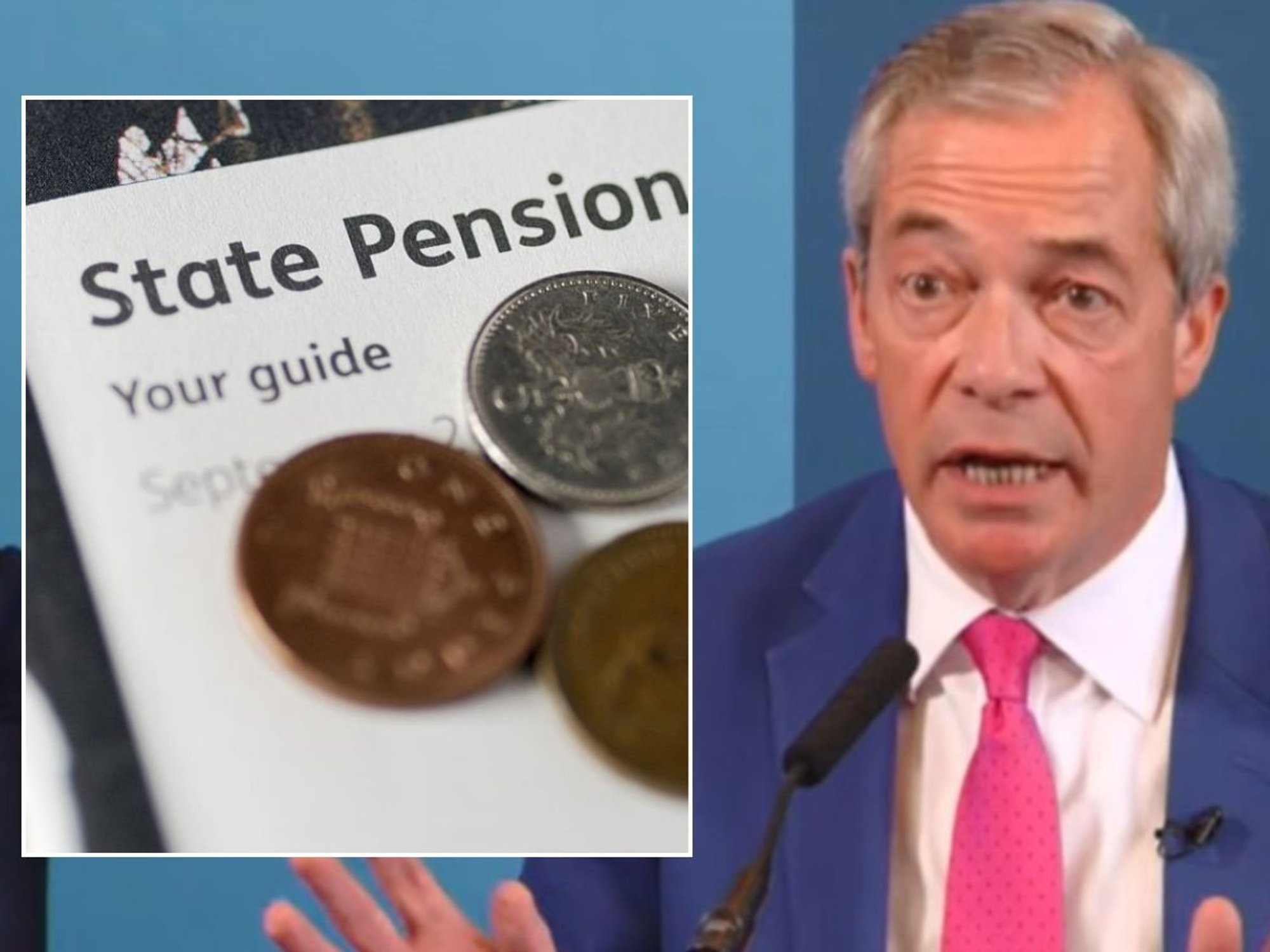 Nigel Farage at event and state pension pamphlet