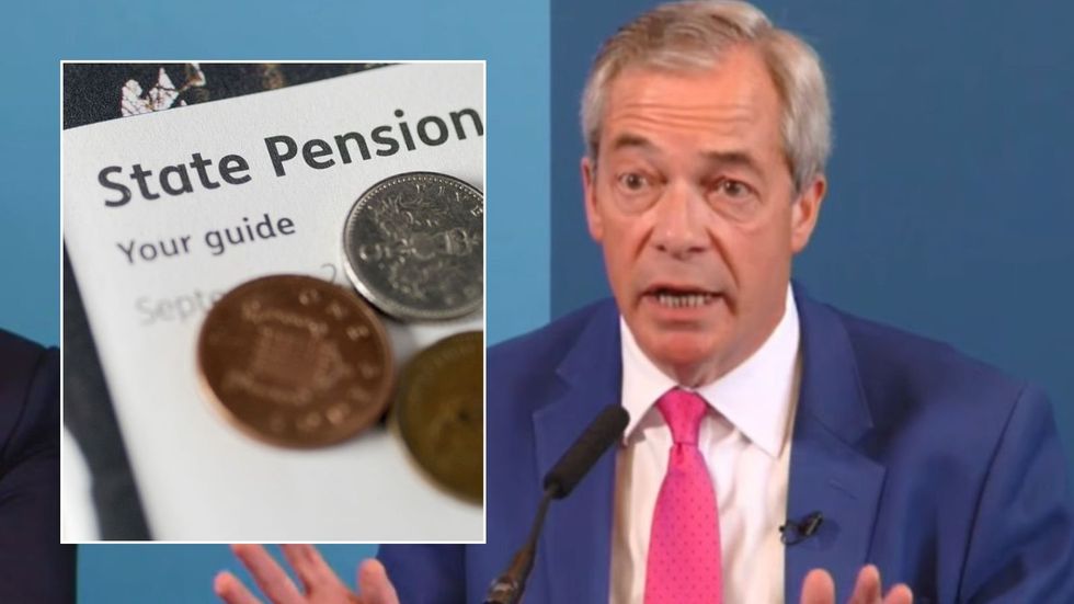 Nigel Farage at event and state pension pamphlet