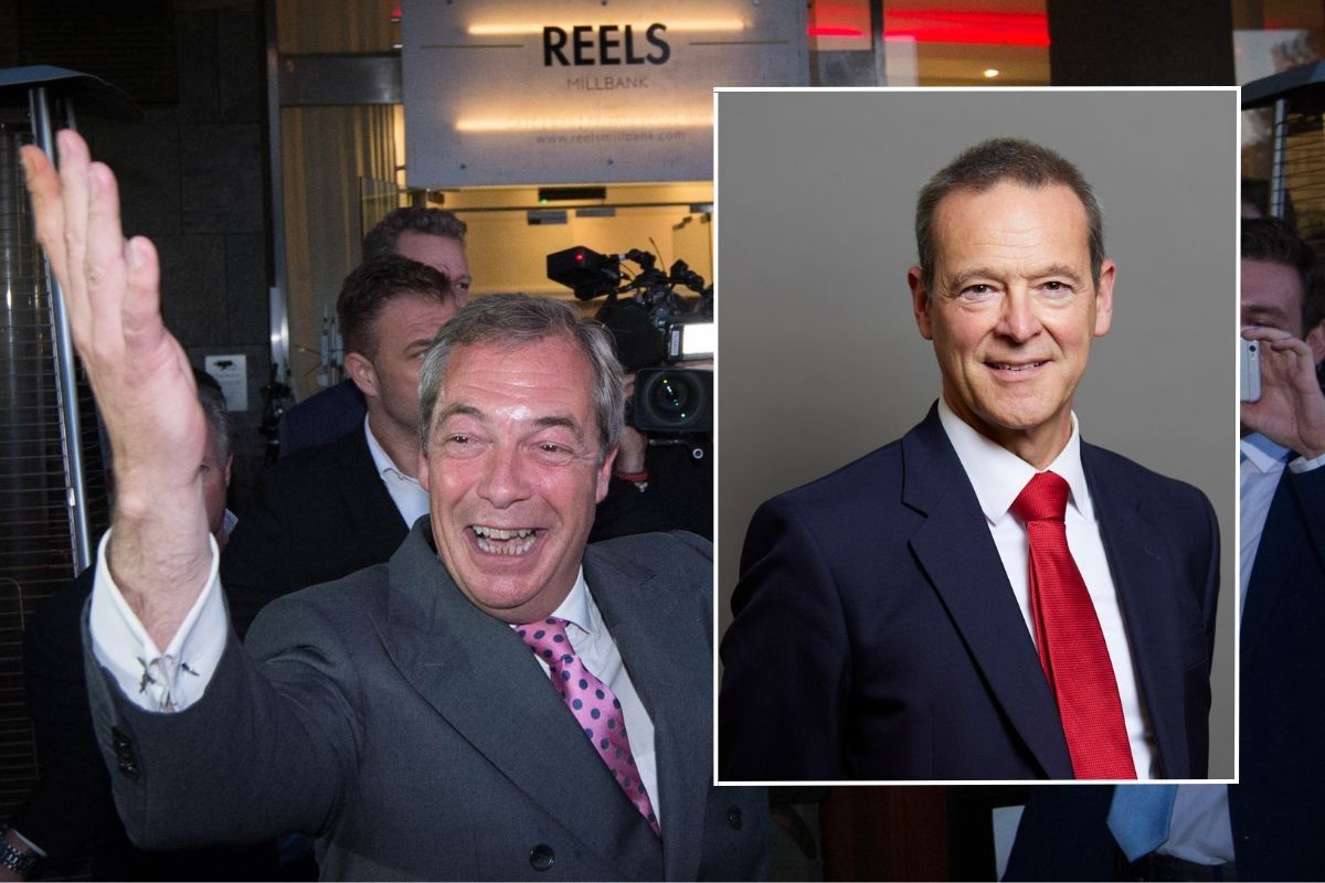 Nigel Farage celebrating the Brexit vote (left) and an image of Lord Simon McDonald (inset)