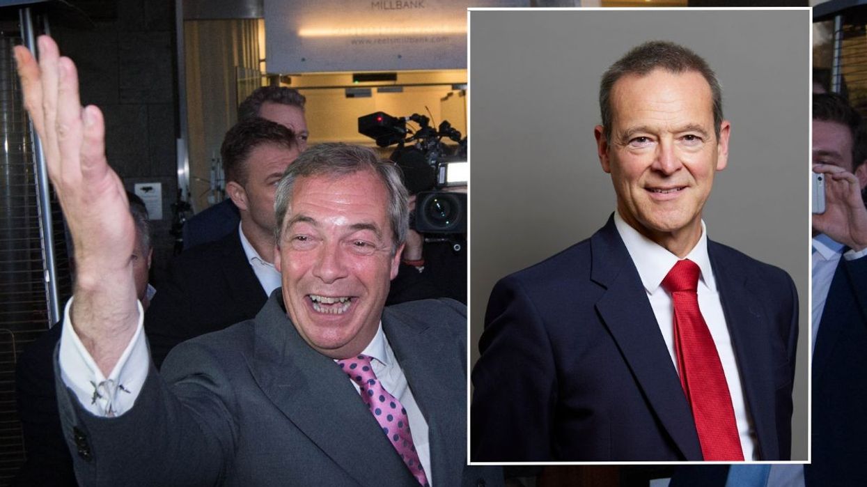 Nigel Farage celebrating the Brexit vote (left) and an image of Lord Simon McDonald (inset)