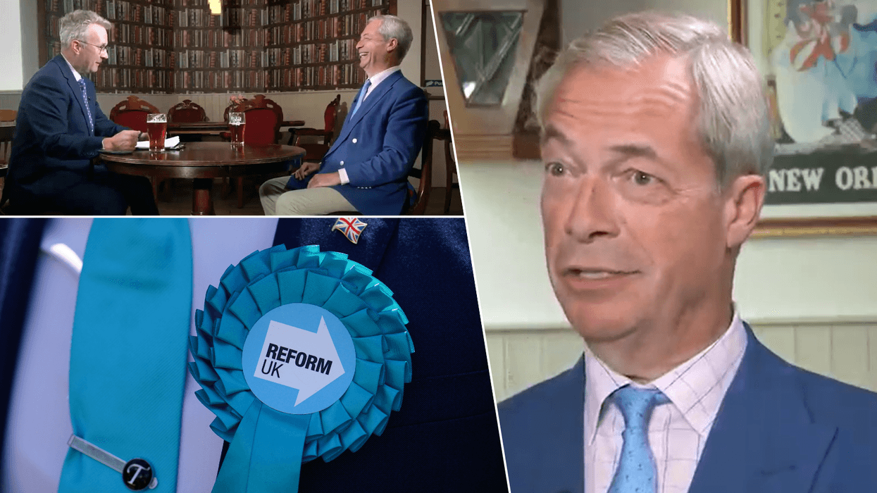Nigel Farage/Christopher Hope Farage interview/Reform rosette