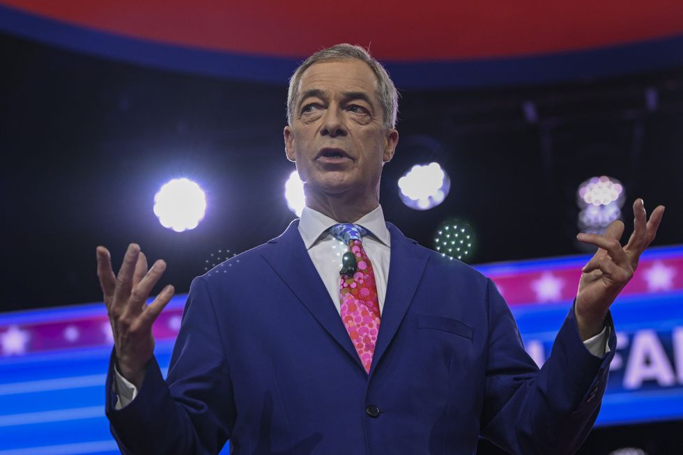 Nigel Farage delivers remarks as he attends the 2024 Conservative Political Action Conference