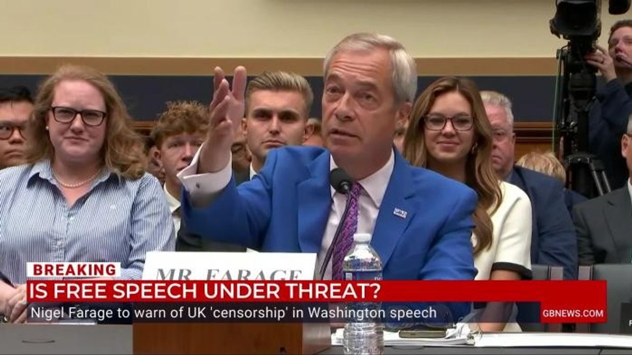 WATCH: Nigel Farage proudly wears GB News pin as he delivers free speech warning to US Congress