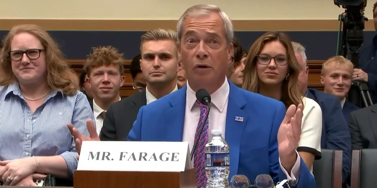 NextImg:WATCH: Nigel Farage proudly wears GB News pin as he delivers free speech warning to US Congress