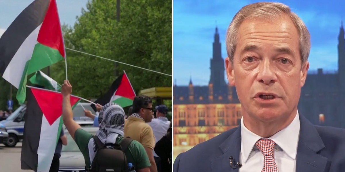 NextImg:Farage rages as pro-Palestine protesters disrupt Auschwitz remembrance march: 'Utterly SICK'