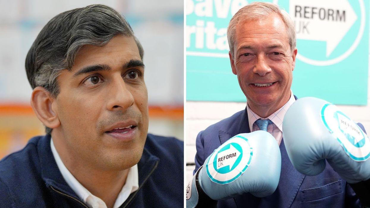 Nigel Farage in Reform UK campaign pictures and Conservative Party leader Rishi Sunak on campaign visit
