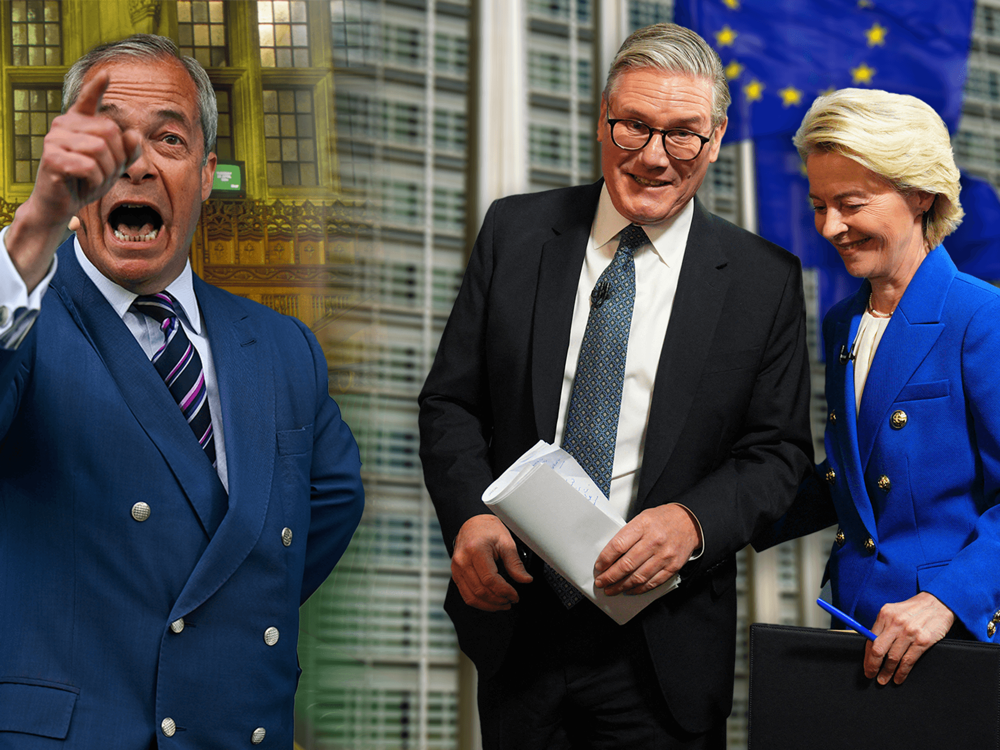 Nigel Farage, Keir Starmer and Ursula von der Leyen