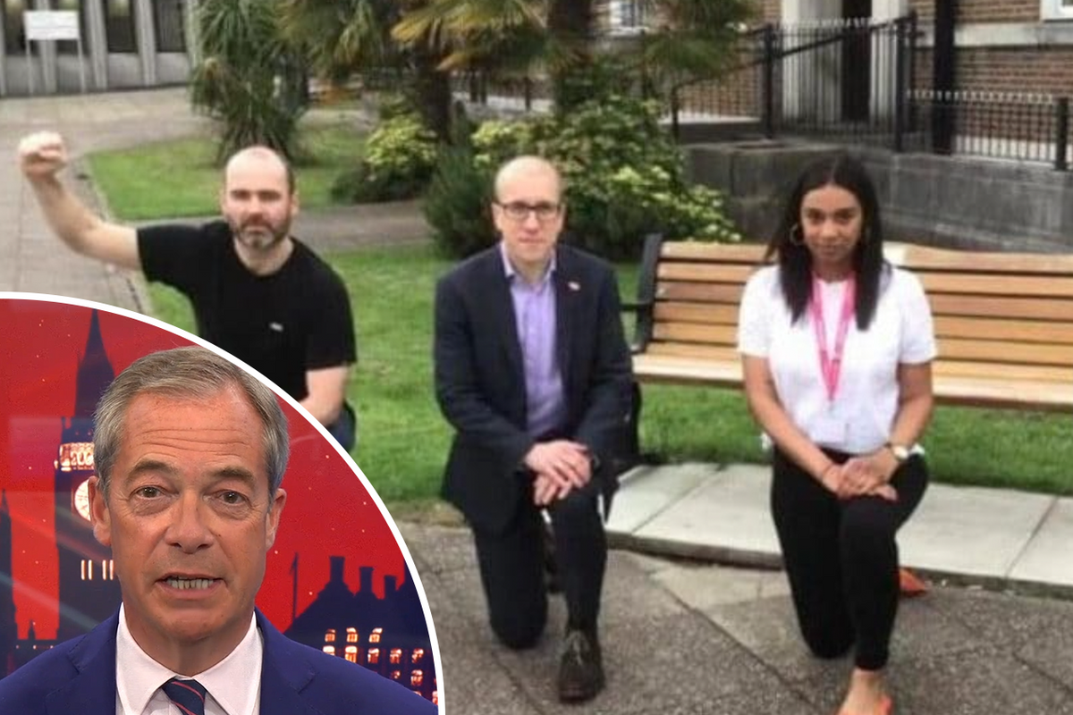 Nigel Farage (left) and Labour council staff taking the knee