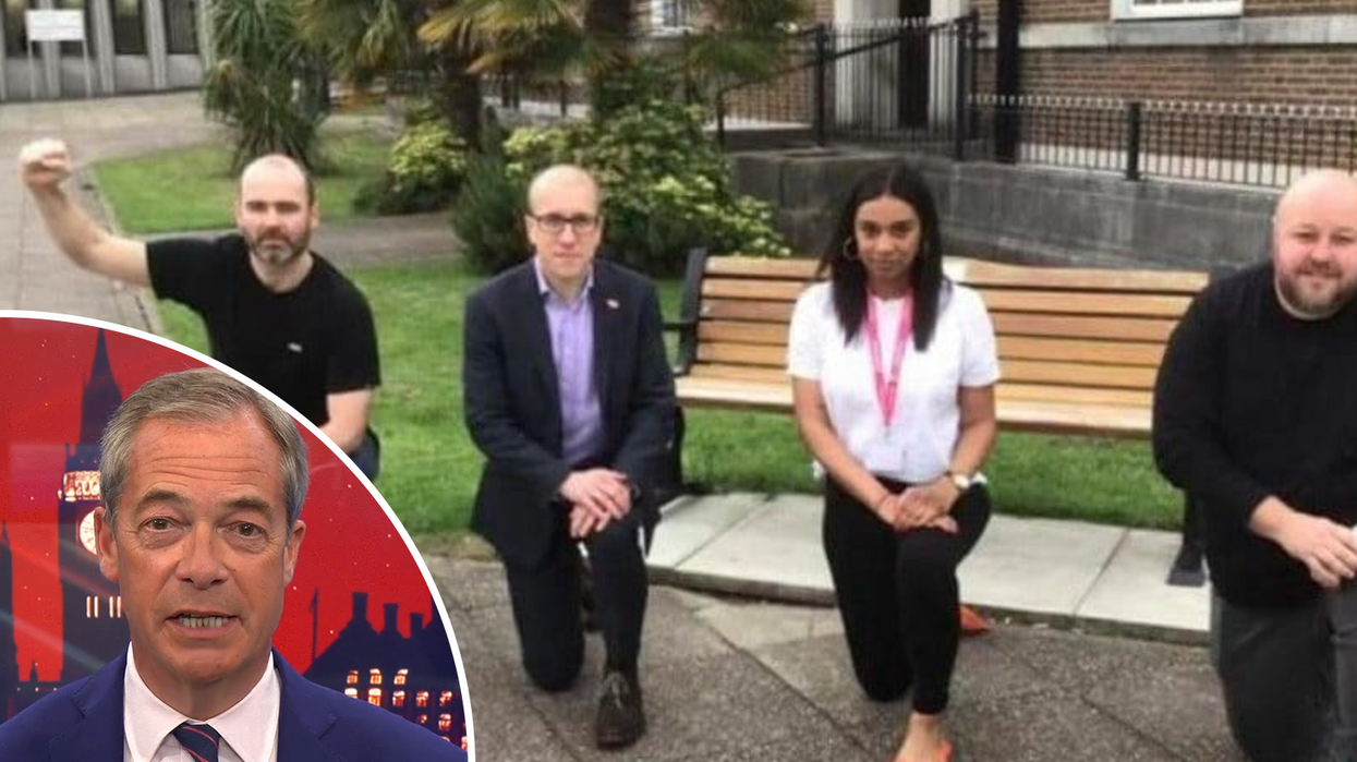 Nigel Farage (left) and Labour council staff taking the knee