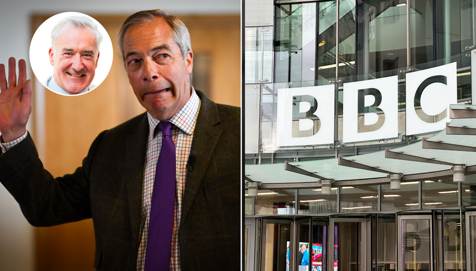 Nigel Farage (left), BBC headquarters (right)